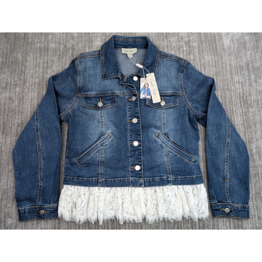 Charlie Paige Women's Size Medium Trucker Jacket Blue Denim Lace Bottom NWT